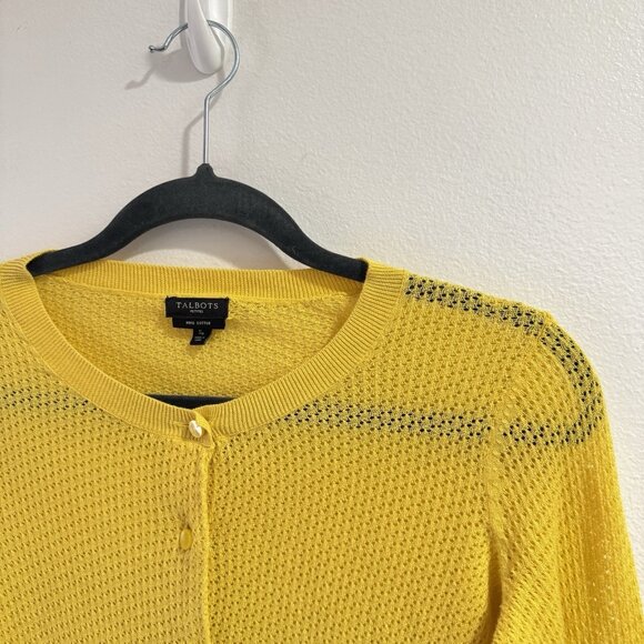 Talbots Cardigan Sweater SP Petite Pima Cotton Yellow Open Knit Button Front - Picture 2 of 7